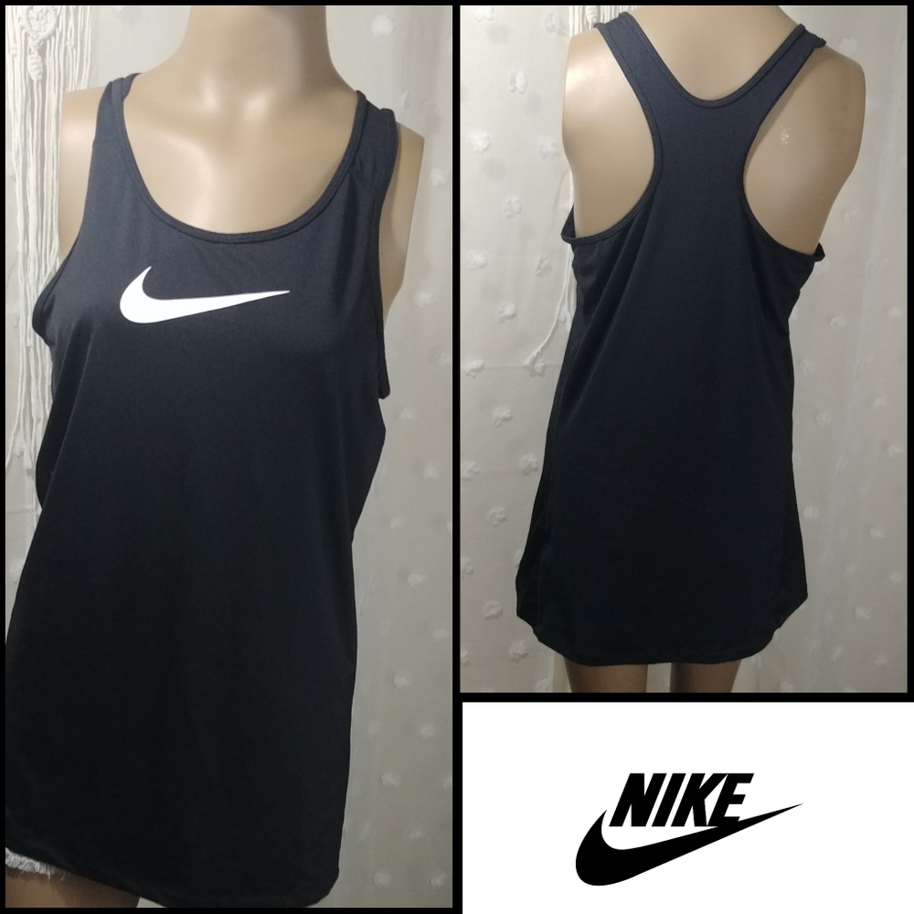NIKE • Womens XL Gym Workout Activewear Black Racerback Tank Top Swoop Graphic